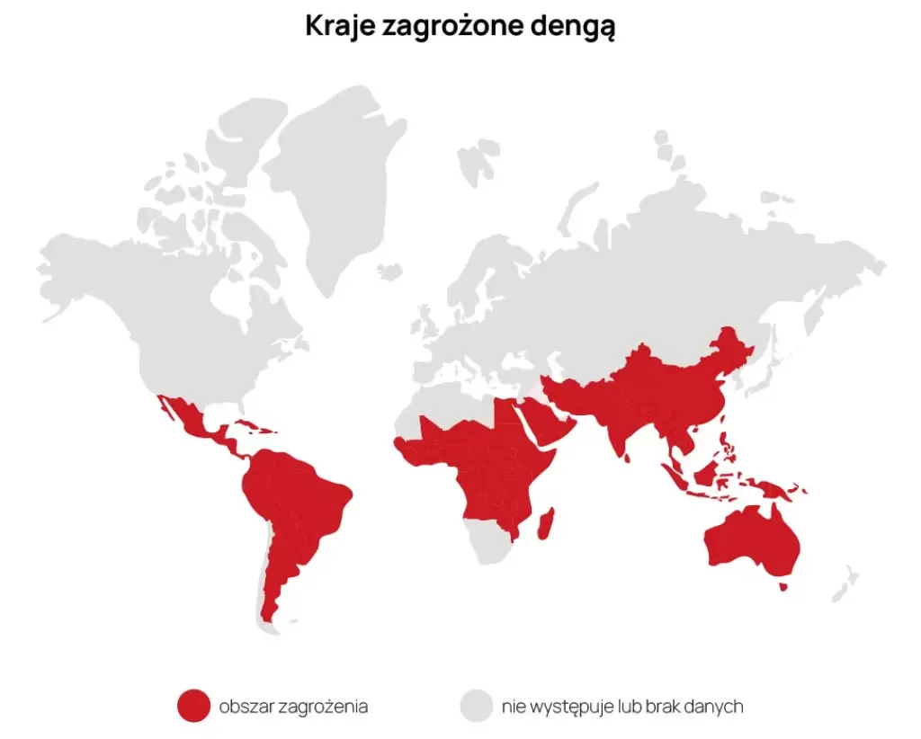 Mapa przedstawiająca kraje występowania dengi