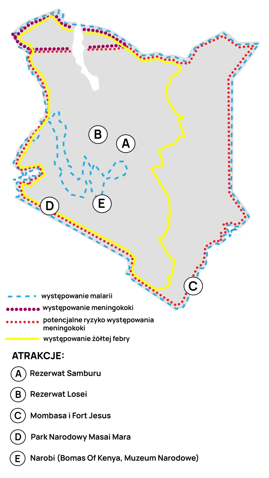 Mapa występowania malarii, żółtej febry i meningokoków w Kenii