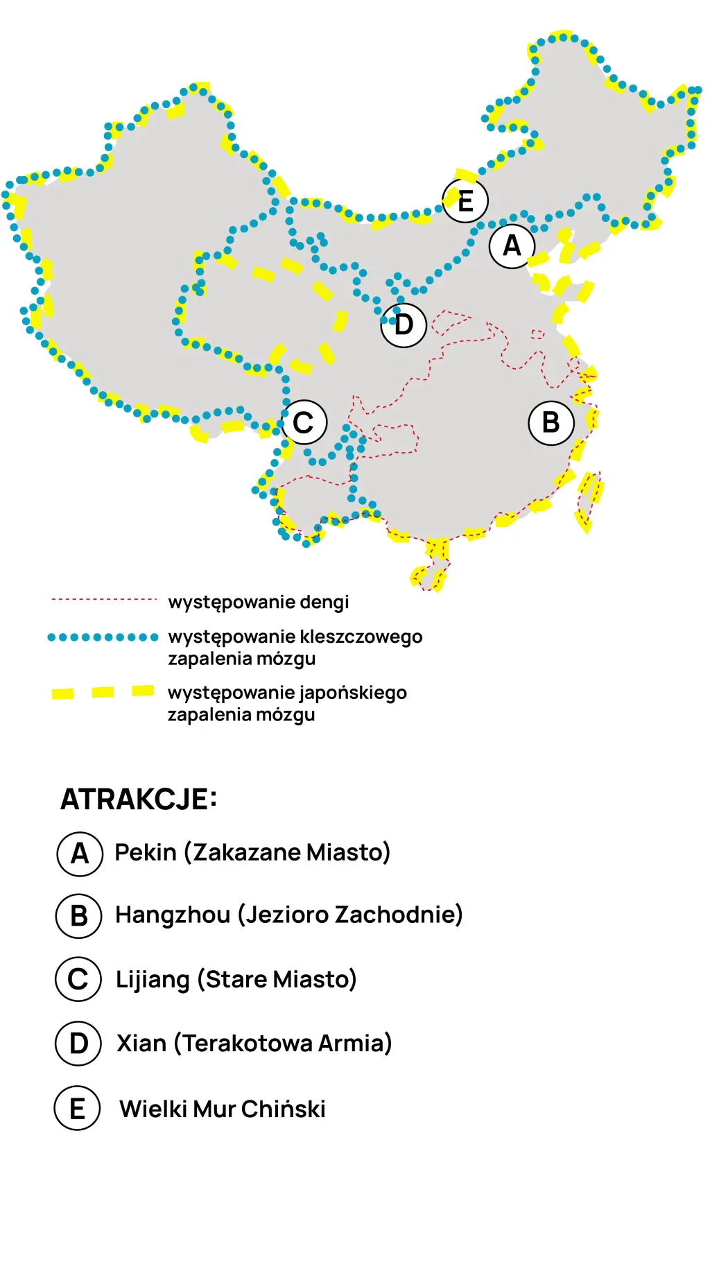 Mapa występowania JZM, KZM i dengi w Chinach