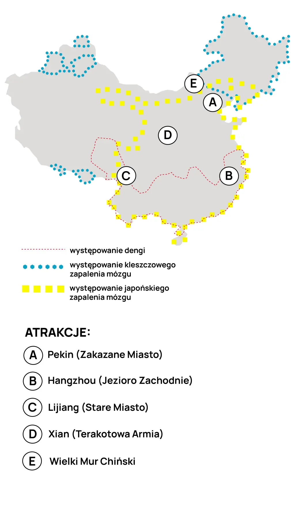 Mapa występowania JZM, KZM i dengi w Chinach