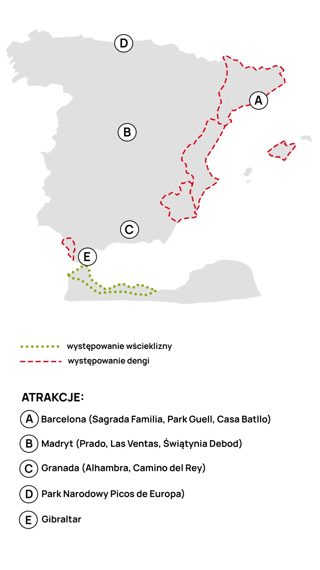 Mapa występowania dengi i wścieklizny w Hiszpanii