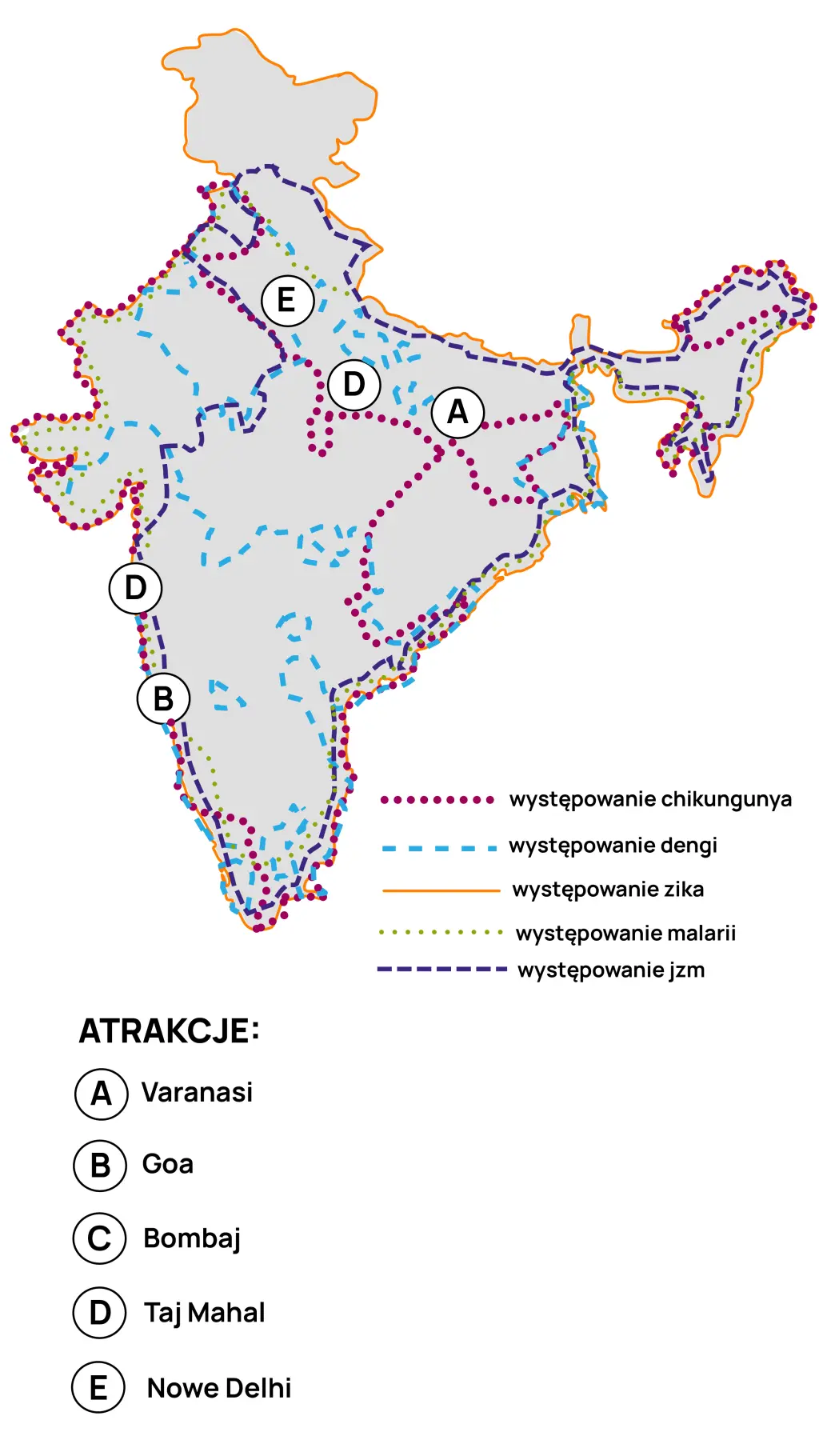Mapa malarii, dengi i JZM w Indiach