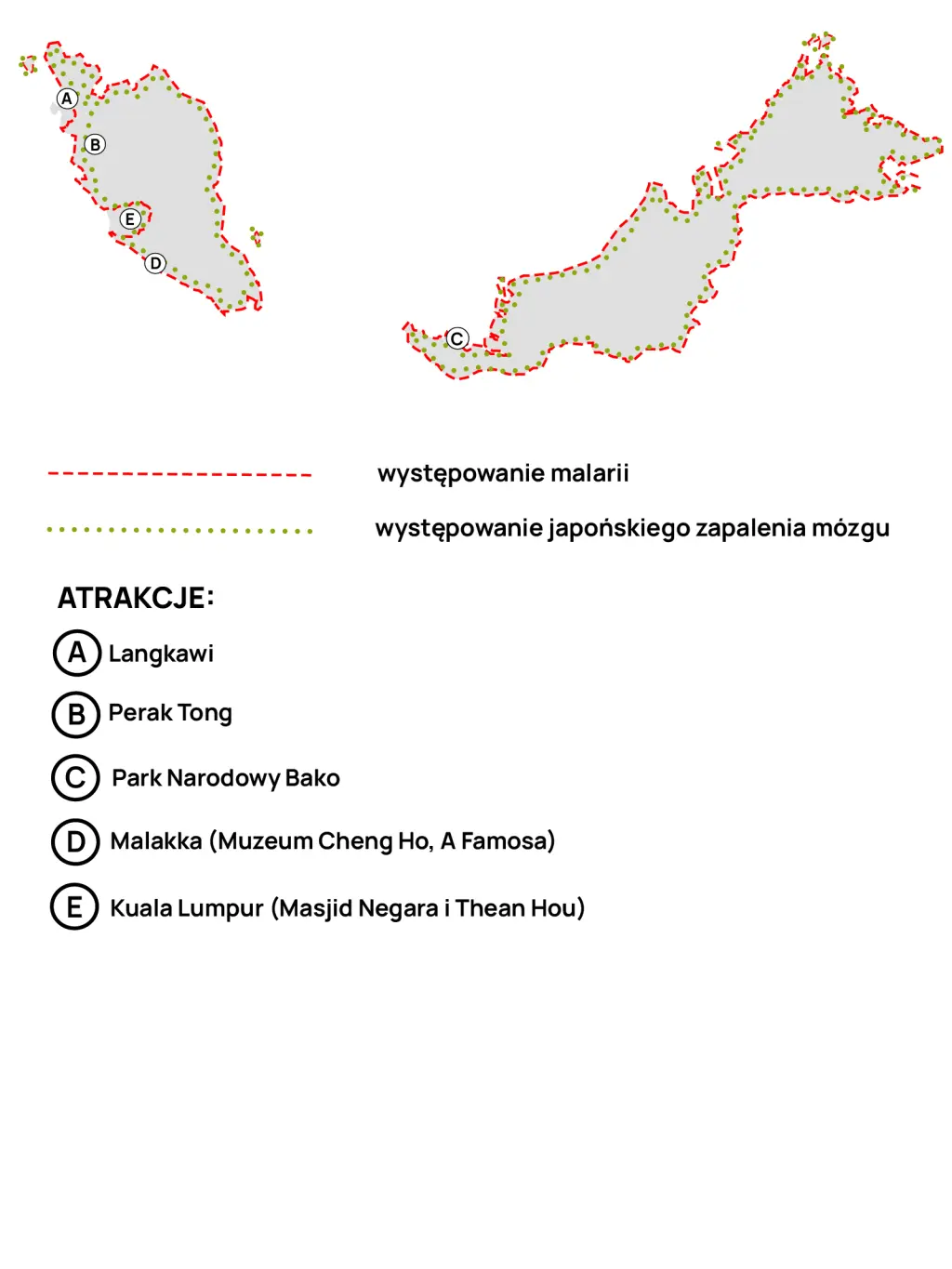 Mapa występowania malarii i JZM w Malezji
