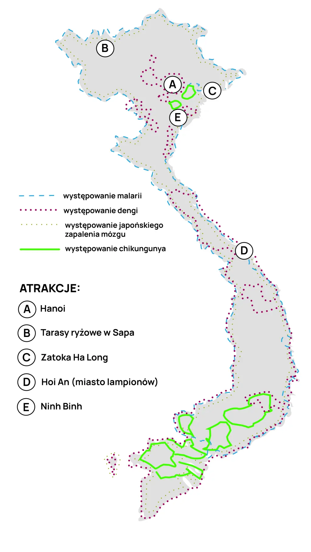 Mapa występowania malarii, dengi i JZM w Wietnamie