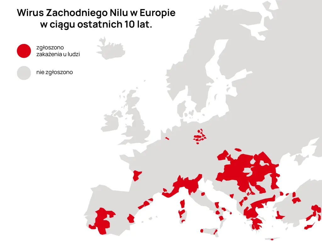 Mapa występowania wirua zachodniego Nilu w Europie