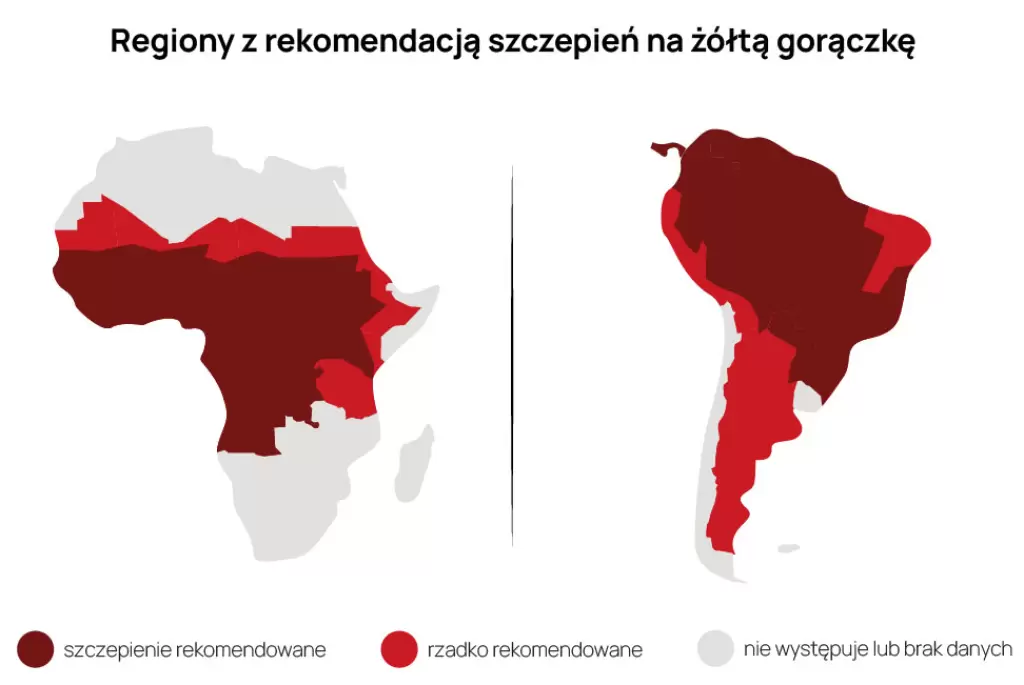 Mapy Afryki i Ameryki Południowej z regionami zagrożenia żółtą febrą