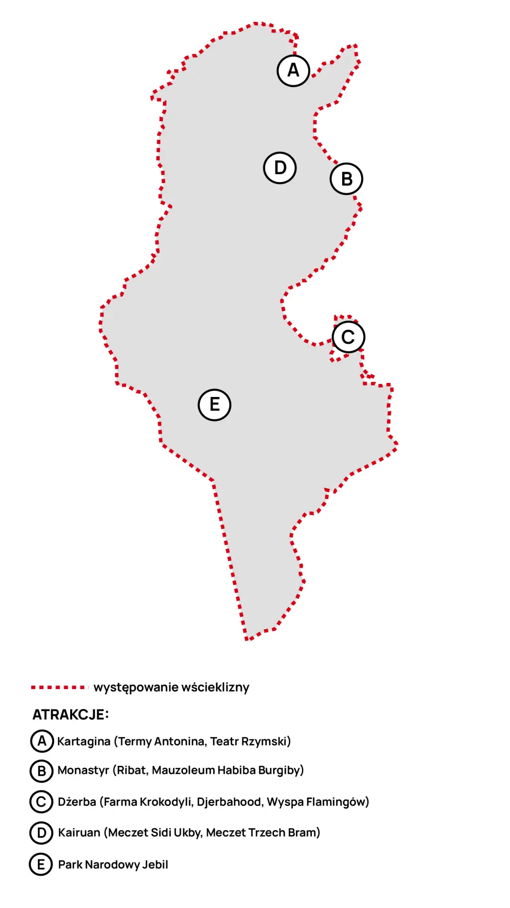 Mapa występowania wścieklizny w Tunezji