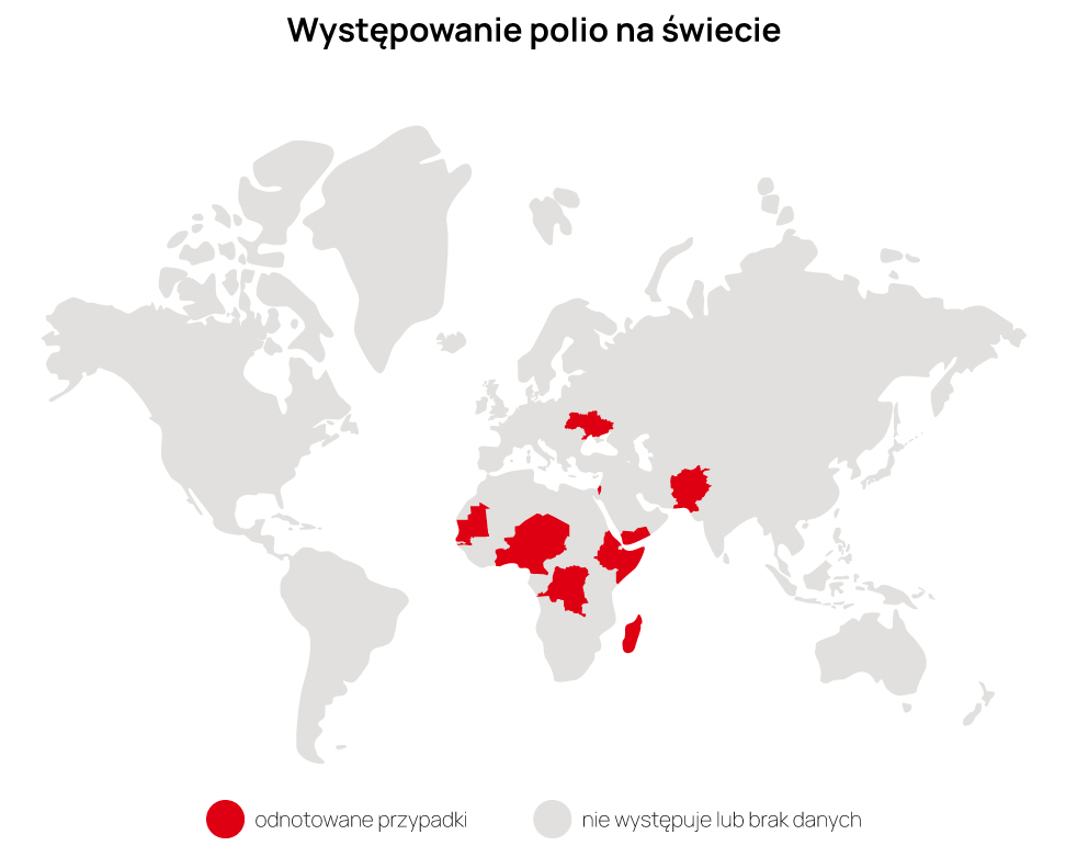Mapa świata przedstawiająca miejsca, gdzie odnotowuje się zachorowania na polio