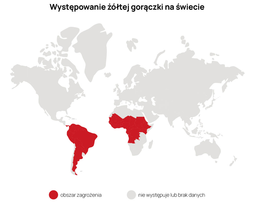 Mapa świata przedstawiająca kraje endemicznego występowania żółtej febry